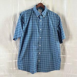 Men’s LL Bean Button-Down Shirt Short Sleeve Blue Plaid 100% Cotton Size L